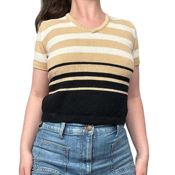 Vintage St. John Sport Marie Gray Small Santana Knit Tan White Black Striped Tee - Picture 1 of 5
